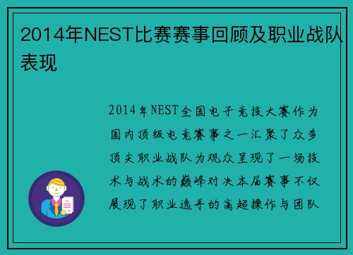 2014年NEST比赛赛事回顾及职业战队表现